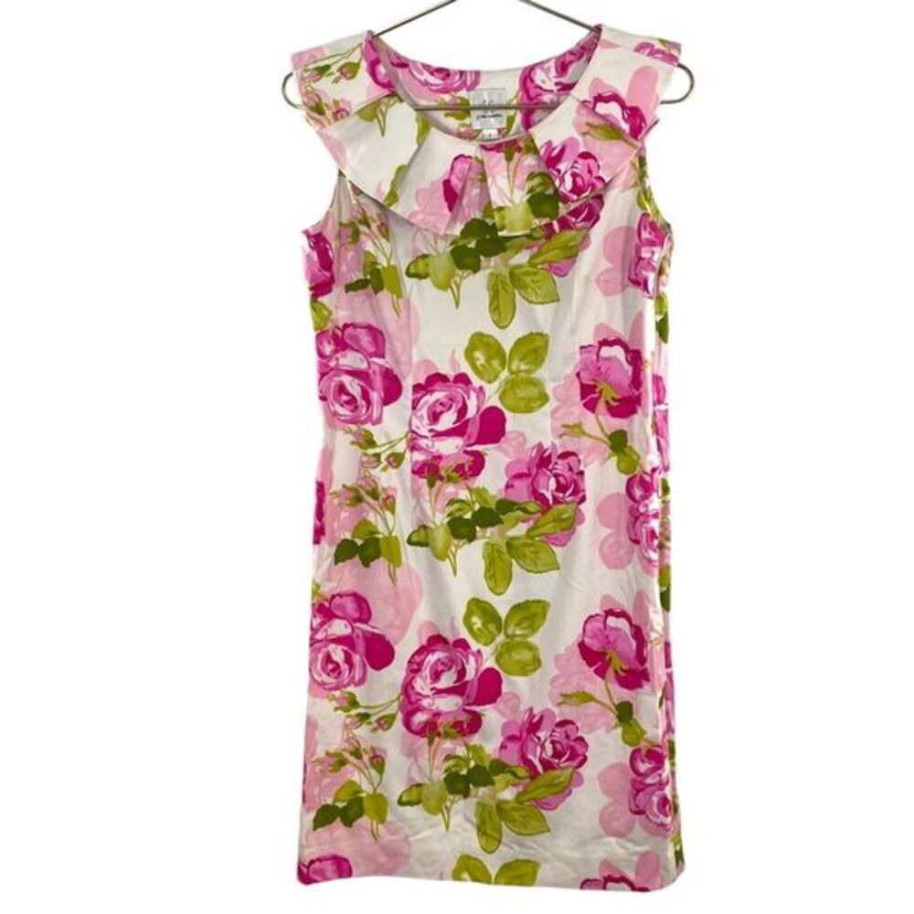 Sara Campbell Ruffled Collar Sheath Dress Size 8 Pink Garden Print Knee Length